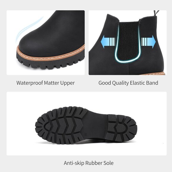 Womens Black Faux Leather Low Wedge Heel Slip On Chunky Platform Ankle Boots - Picture 4 of 8